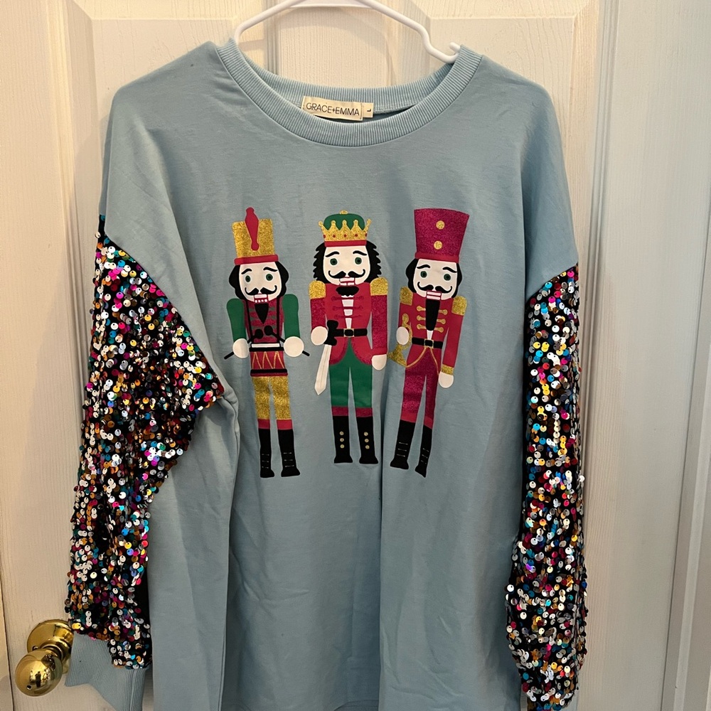 Blue Sequin Sleeve Nutcracker Top